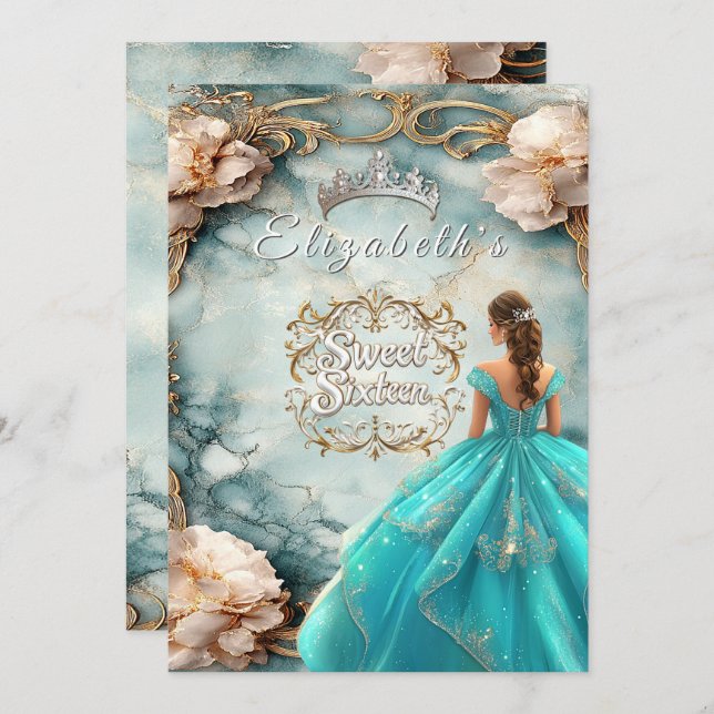 Filigree sweet sixteen i Krona Rosa ros Inbjudningar (Fram/baksida)