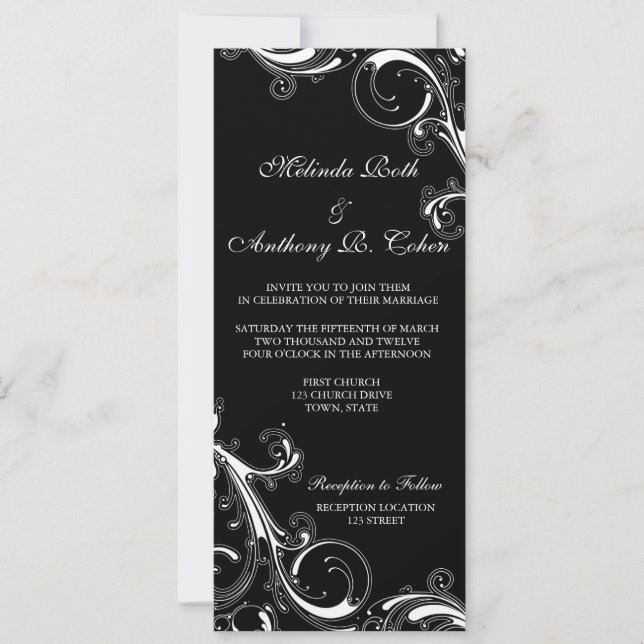 Filigree Swirl Black med vit 4 x 9,25 Bröllop Inbjudningar (Framsida)