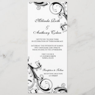 Filigree Swirl Black med vit 4 x 9,25 Bröllop Inbjudningar