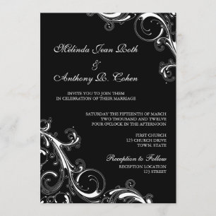Filigree Swirl Black med vit 5x7 Bröllop Inbjudningar