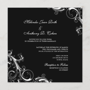 Filigree Swirl Black w/White Square Bröllop Inbjudningar