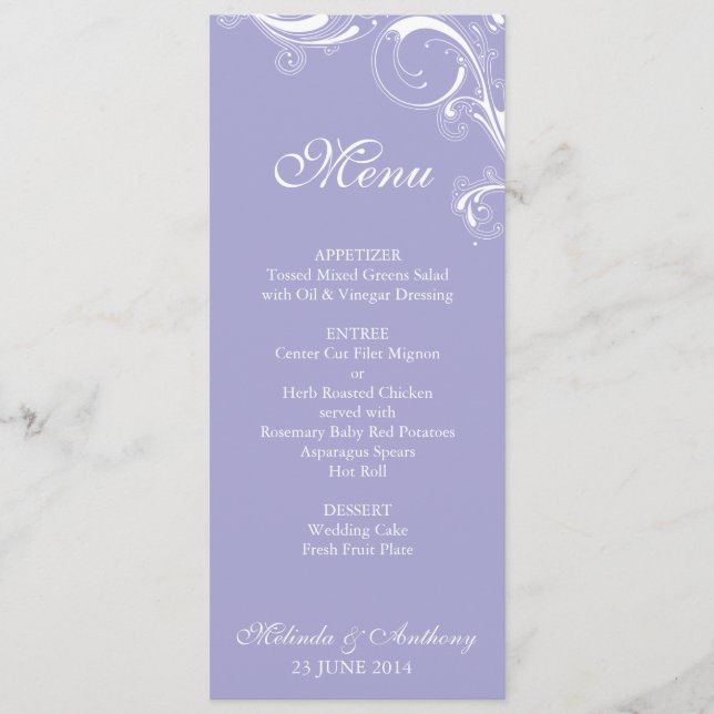 Filigree Swirl Lavender Menu Meny (Framsida)