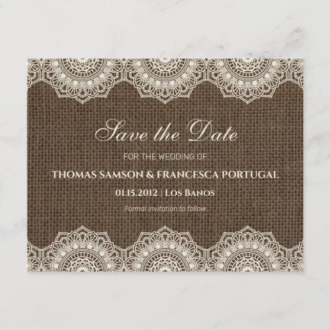 Filipiniana spets på jutespåre Spara datum-kort Inbjudningar (Framsida)