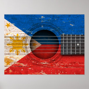 Filipino Flagga på Gamla akustiska Guitar Poster