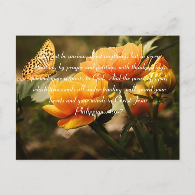 Filipper 4:6-7 är inte ängsliga bibelverser vykort (Framsida)