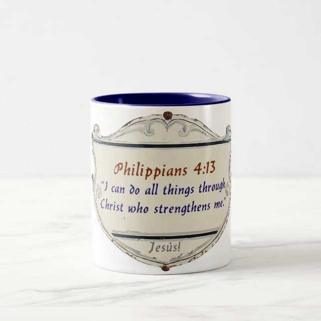 Filipperbrevet 4:13 Kaffe kopp med sköld (Center)