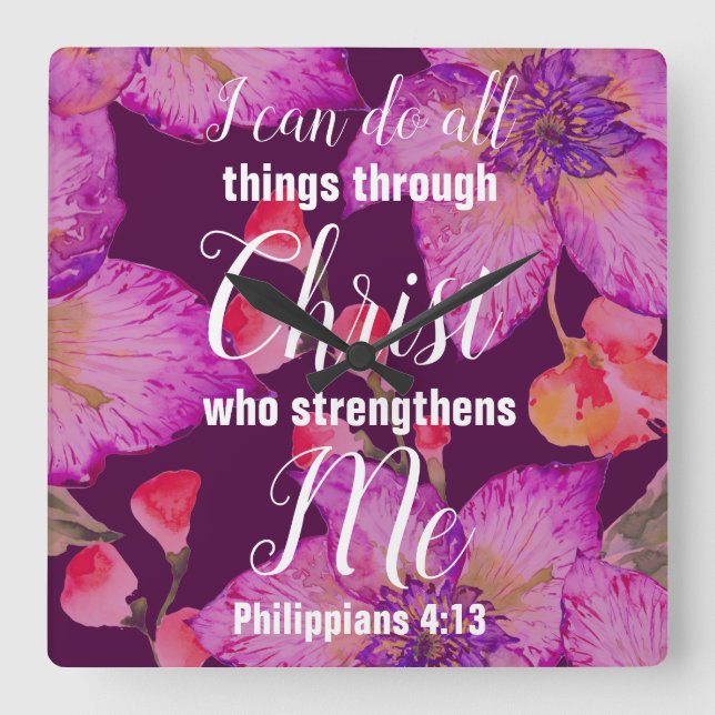 Filippinerna 4:13 Bible Verse Blommigt Fyrkantig Klocka (Framsida)