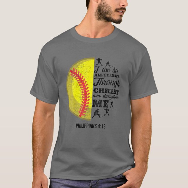 Filippinerna 4:13 Christian Softball Funny Bible V T Shirt (Framsida)