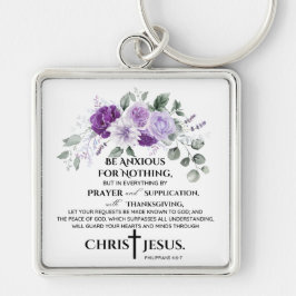 Filippinerna 4:6-7 Scripture Lila blommor Fyrkantig Silverfärgad Nyckelring