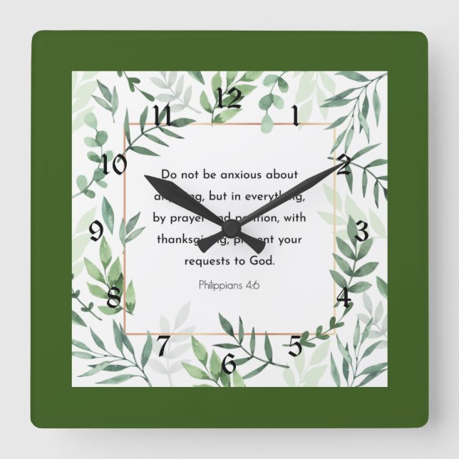 Filippinerna 4:6, Bible Verse, Square Wall Clock Fyrkantig Klocka (Framsida)