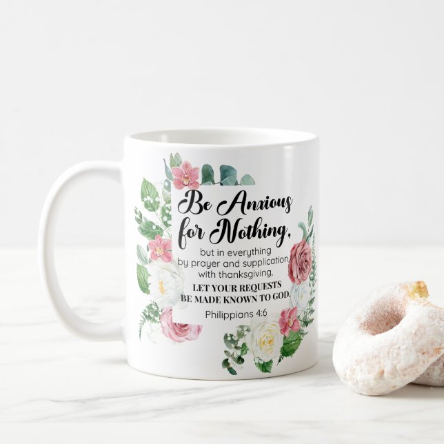 Filippinerna 4:6 Var orolig för ingenting Blommigt Kaffemugg (Med munk)