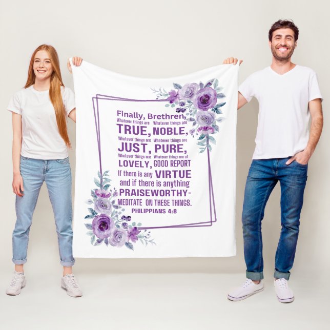Filippinerna 4:8 Noble Bible Verse Lila Blommigt Fleecefilt (På plats)