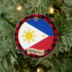 Filippinerna, Red buffalo plaid & Philippine Flagg Julgransprydnad Keramik