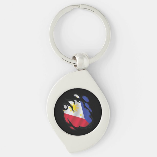 Filippinerna Rippat Flagga Swirl Silverfärgad Nyckelring (Framsidan)