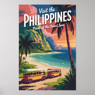 Filippinerna Strand Illustration Resa Konst Vintag Poster