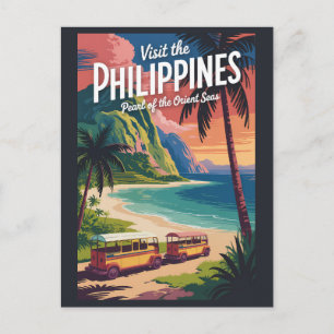 Filippinerna Strand Illustration Resa Konst Vintag Vykort