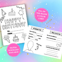 Fill In The Blank Birthday Coloring Card Kort