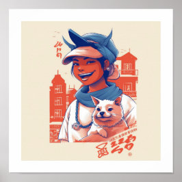 Fille du Japon avec son chien Poster