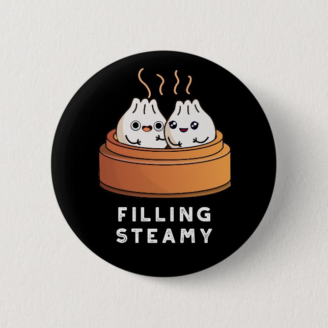 Filling Steamy Funny Dimsum Bao Pun Mörk BG Knapp (Framsida)
