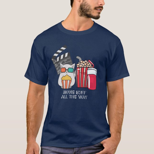Film Buff Cat med Popcorn och Drinks T Shirt (Framsida)