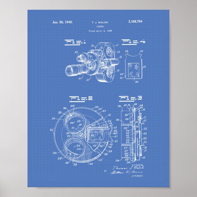 Film Camera 1940 Patent Art - Blåkopia Poster (Framsidan)