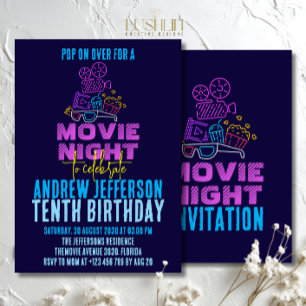 Film Night Neon Birthday Glow Party Cinema Inbjudningar