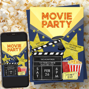 Film Party Popcorn Clapperboard Cinema Birthday Inbjudningar
