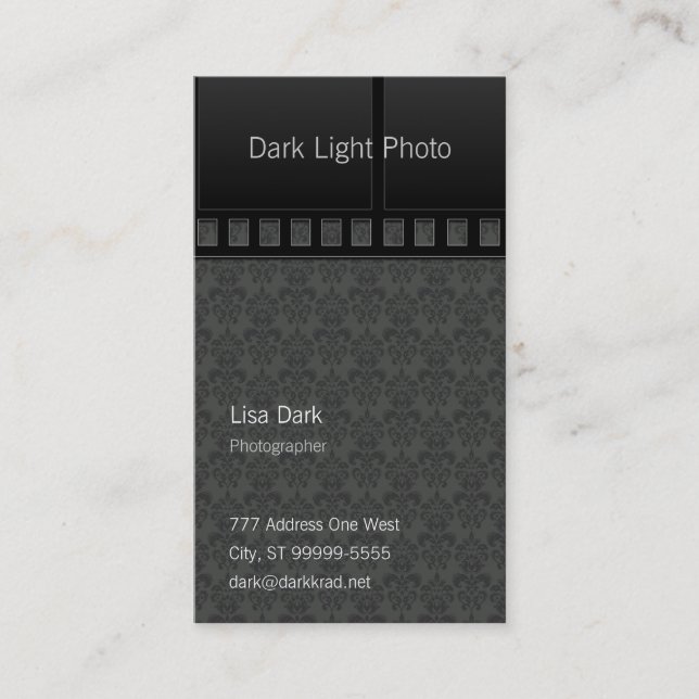 Filma fotofotografen på medeldamast visitkort (Framsida)