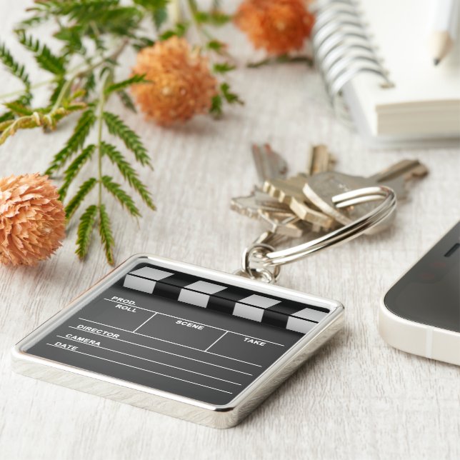 FilmClapboard Keychain Fyrkantig Silverfärgad Nyckelring (Sidan)
