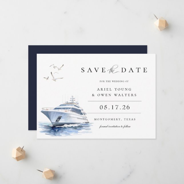 Filmfärgslyxyacht Nautical Save Date Meddelande (Fram/Back In Situ)