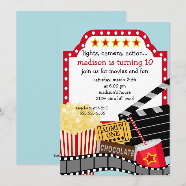 Filmfödelsedagsfest inbjudan (Fram/baksida)