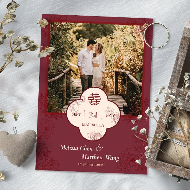 Filmfoto för Blommigt kinesiska Bröllop Spara datu Spara Datumet (Plum Floral Chinese Wedding Photo Save the Date)