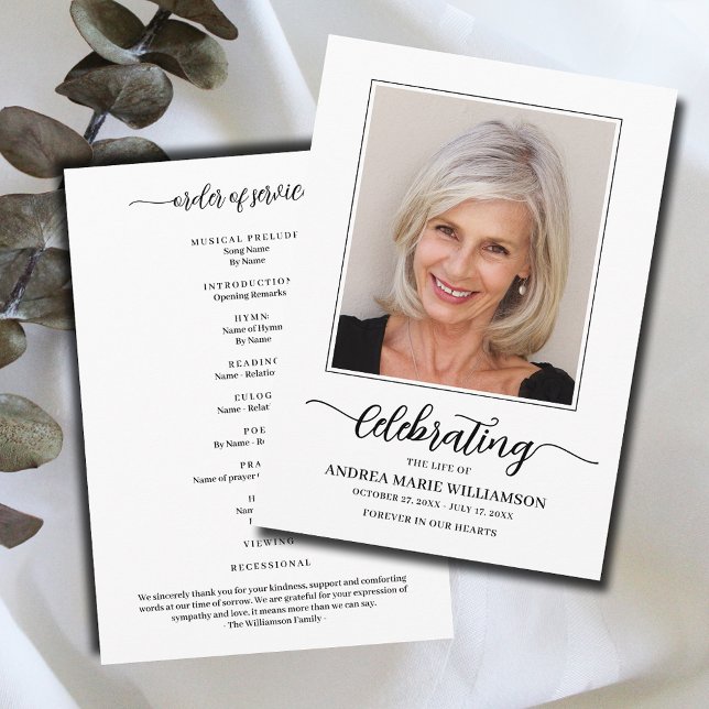 Filmfotomat Firande i livets begravning Program (Modern funeral Celebration of Life Program, your photo on the front, Order of Service on the back)