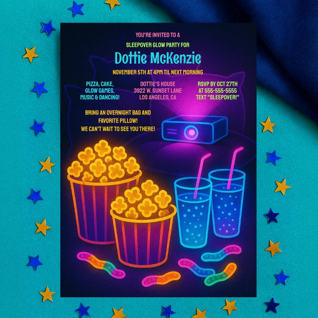 Filminbjudan till Cute Teenage Sleepover Glow Part Inbjudningar (Cute Teenage Sleepover Glow Party Movie Invitation)