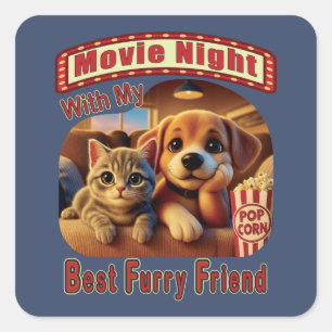 Filmkväll - Bästa Hårig-vän - Cute Cat & Hund Fyrkantigt Klistermärke
