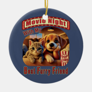 Filmkväll - Bästa Hårig-vän - Cute Cat & Hund Julgransprydnad Keramik
