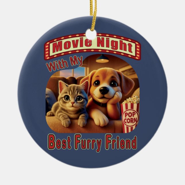 Filmkväll - Bästa Hårig-vän - Cute Cat & Hund Julgransprydnad Keramik (Framsidan)
