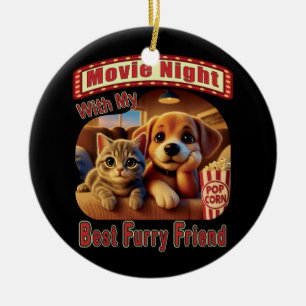 Filmkväll - Bästa Hårig-vän - Cute Cat & Hund Julgransprydnad Keramik