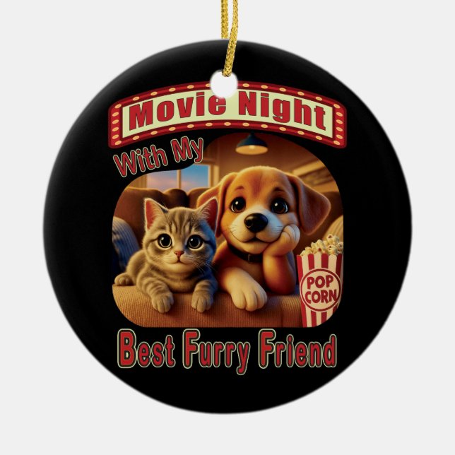 Filmkväll - Bästa Hårig-vän - Cute Cat & Hund Julgransprydnad Keramik (Framsidan)