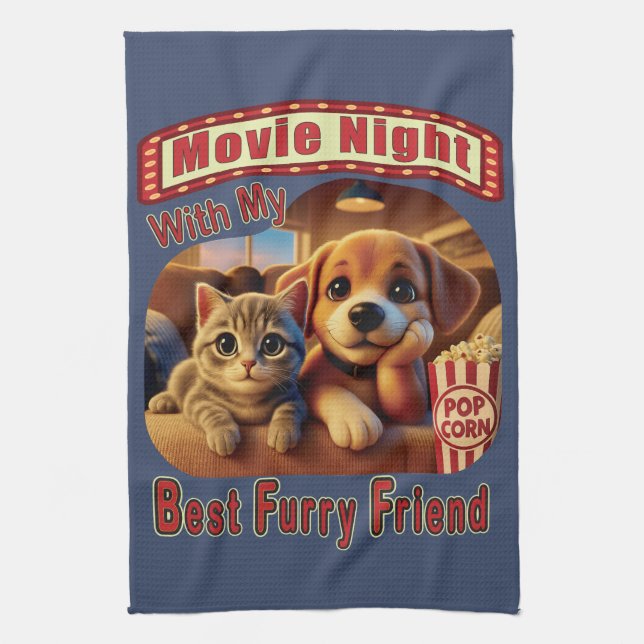 Filmkväll - Bästa Hårig-vän - Cute Cat & Hund Kökshandduk (Vertikal)