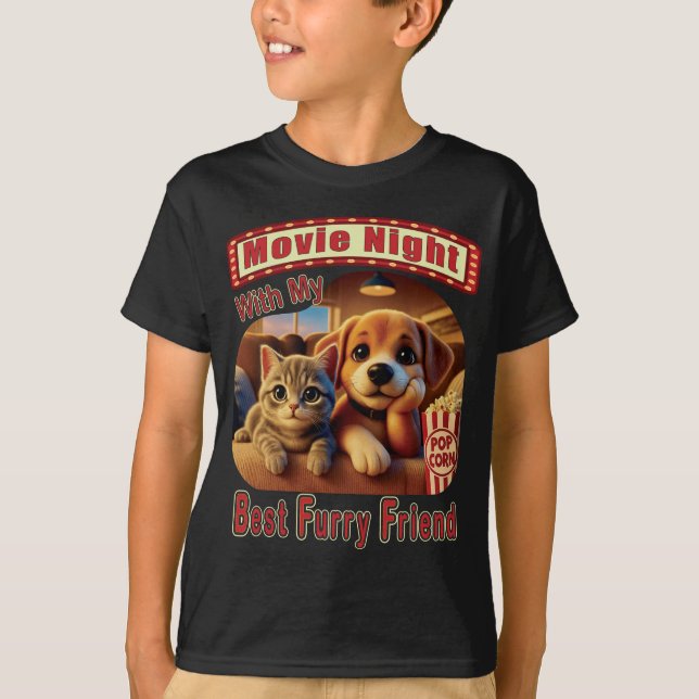 Filmkväll - Bästa Hårig-vän - Cute Cat & Hund T Shirt (Framsida)