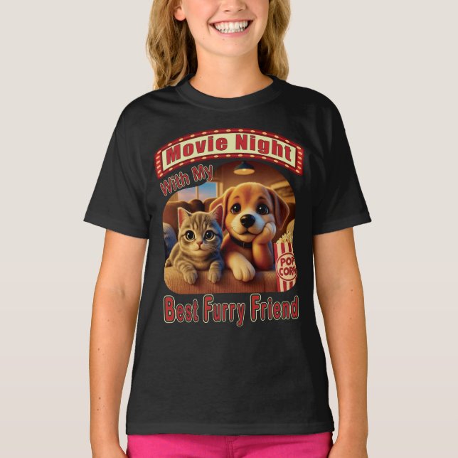 Filmkväll - Bästa Hårig-vän - Cute Cat & Hund T Shirt (Framsida)