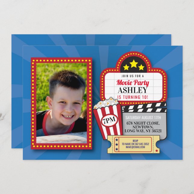 Filmkväll, Födelsedagsfest i alla åldrar Filmfoto Inbjudningar (Fram/baksida)