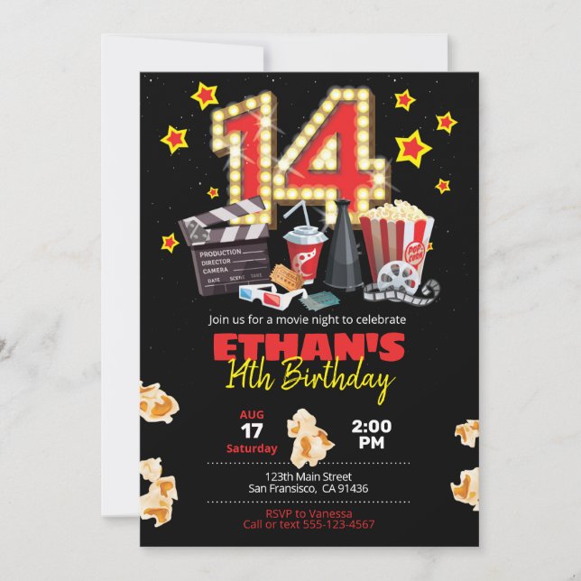 Filmkväll, teater - 14:e födelsedagsinbjudan inbjudningar (Framsida)