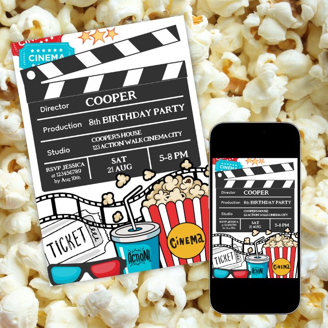 Filmkvälls födelsedagsfest för pojkar inbjudningar (Skapare uppladdad)