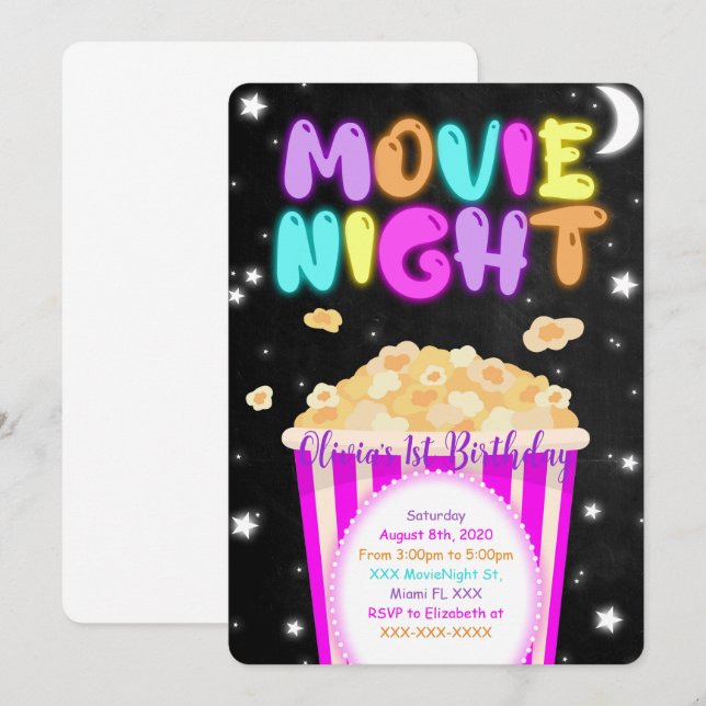 Filmkvälls födelsedagsinbjudan inbjudningar (Fram/baksida)