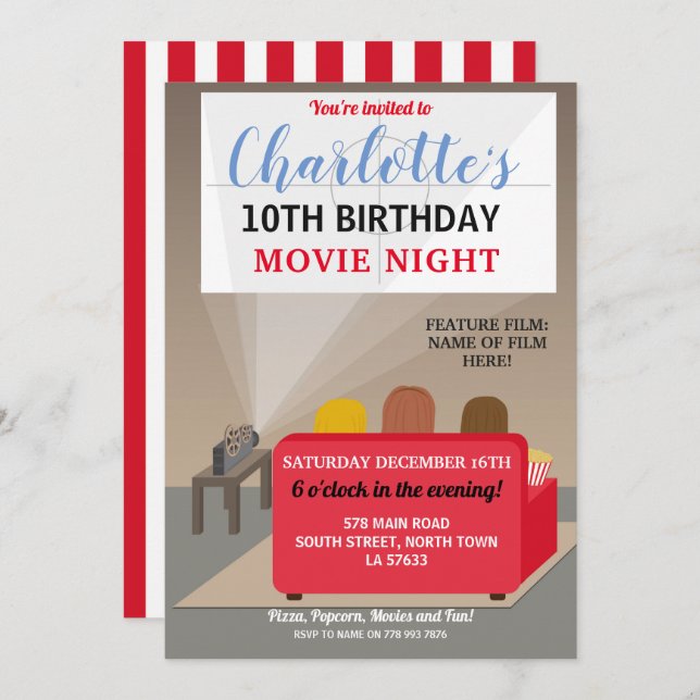 Filmkvällsfest Barn Film Filmer Bio Födelsedag Inbjudningar (Fram/baksida)