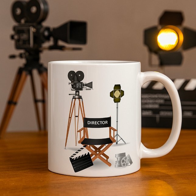 Filmregissörsstol och Vintage-filmkameraset Kaffemugg (Skapare uppladdad)
