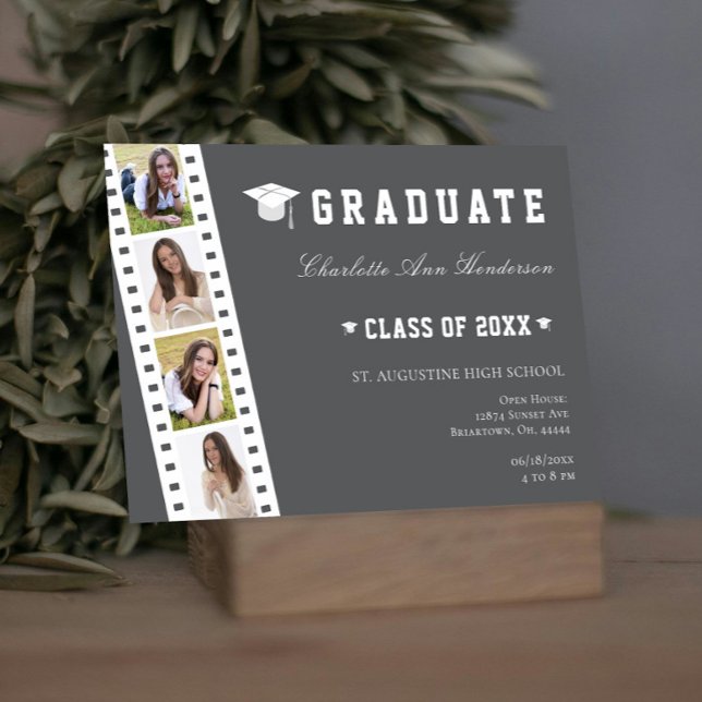 Filmremsa fyra foto Collage Open House | Grått Inbjudningar (Gray Filmstrip Four Photo Collage Graduation Open House Invitation)