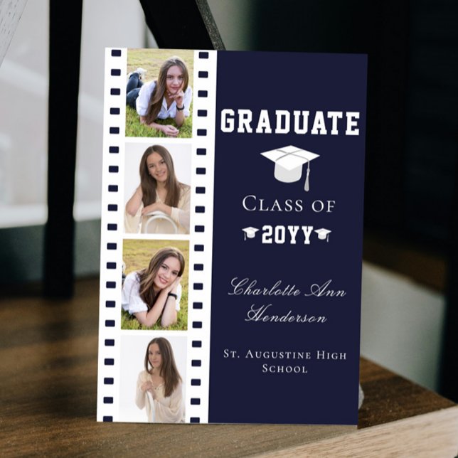 Filmremsa fyra fotokollage Studenten | Blå Inbjudningar (Blue Filmstrip Four Photo Collage Graduation Announcement Invitation)